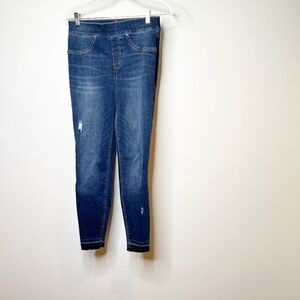 Spanx Womens Blue Medium Wash Distressed Pull On Denim Skinny Jeans Size S